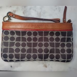 Kate Spade Womens Wristlet Leather Trimmed With Printed Tile Weaved Fabric Brown